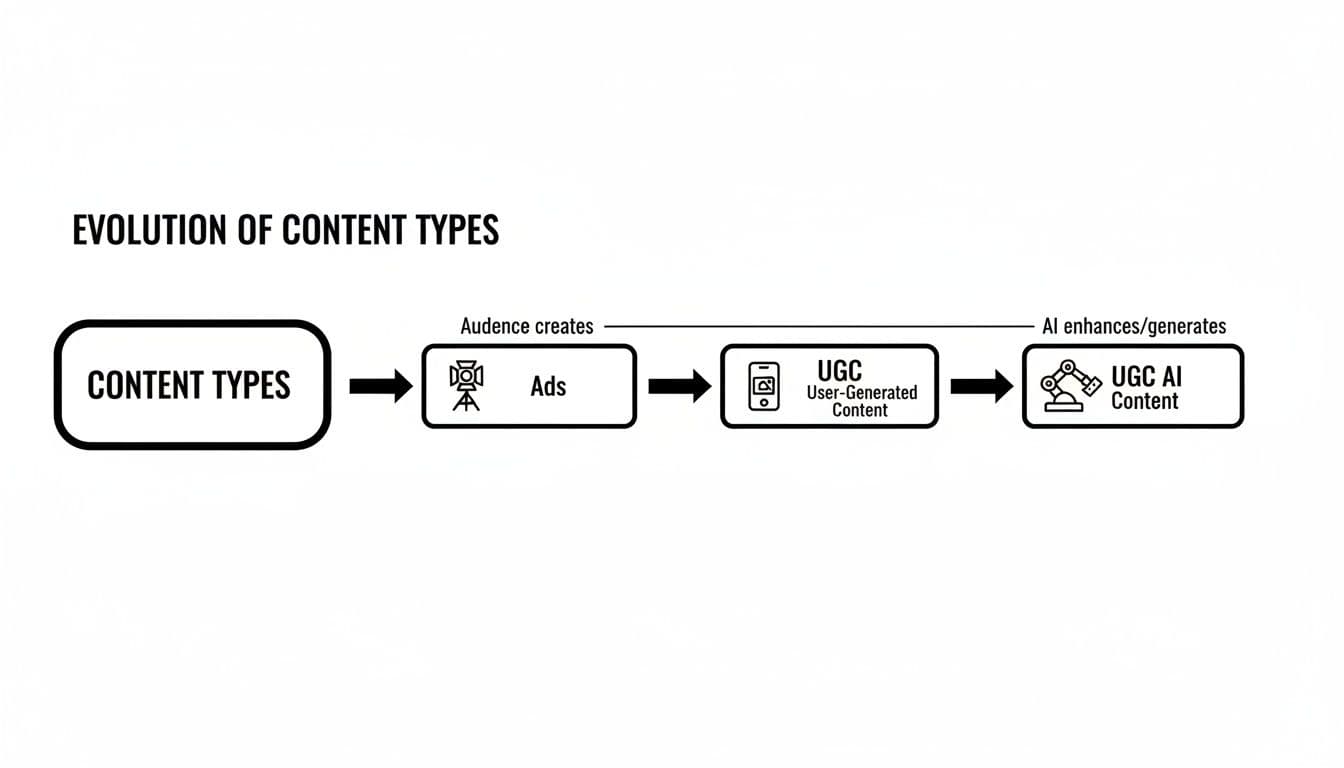 Fluxograma que il·lustra l'evolució dels tipus de contingut des d'Anuncis fins a Contingut Generat per Usuaris, després a UGC millorat per IA.