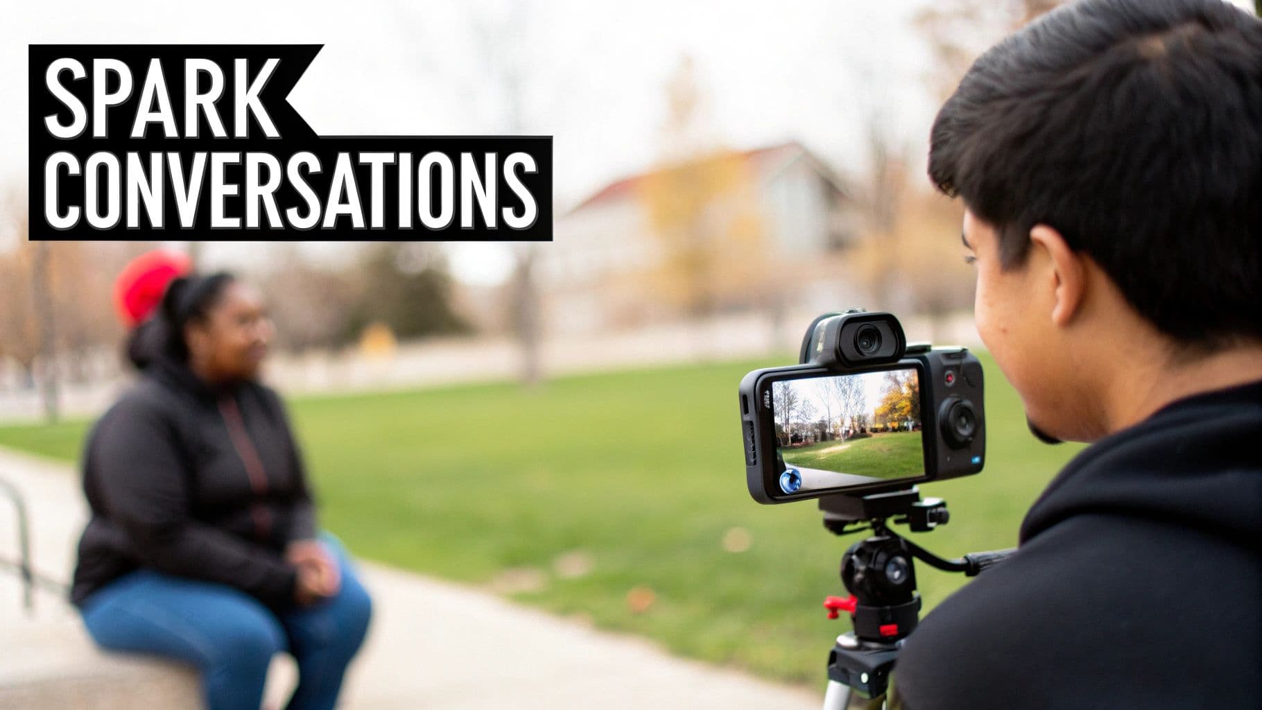 A group of diverse people engaging in a lively conversation, with social media icons floating above their heads.