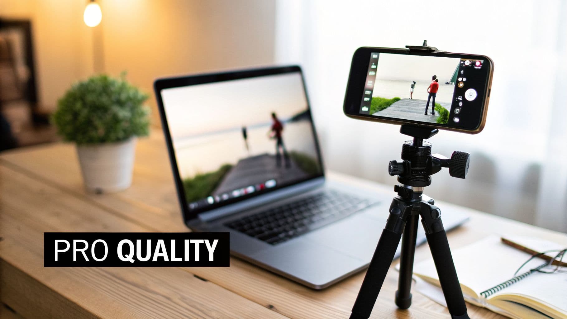 Pametni telefon na stativu snima, sa istom scenom prikazanim na ekranu laptopa na drvenom stolu.