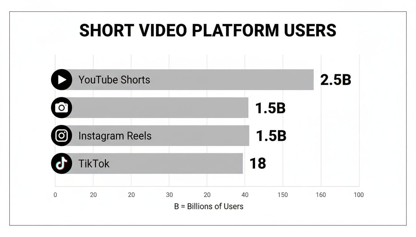 Gràfic de barres que compara els números d'usuaris per a YouTube Shorts, Instagram Reels i TikTok.
