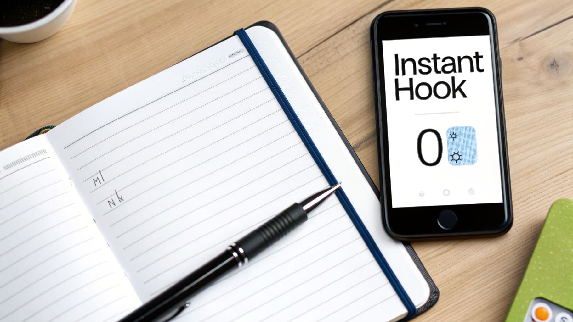 Una vista des de dalt d'un escriptori amb un quadern obert, ploma i smartphone mostrant l'app 'Instant Hook'.