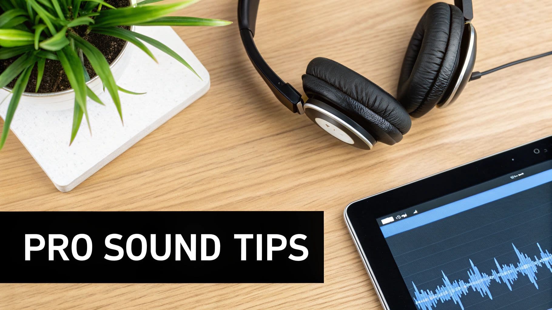 Un escriptori amb una planta, auriculars negres i una tauleta que mostra ones sonores, juntament amb el text 'PRO SOUND TIPS'.