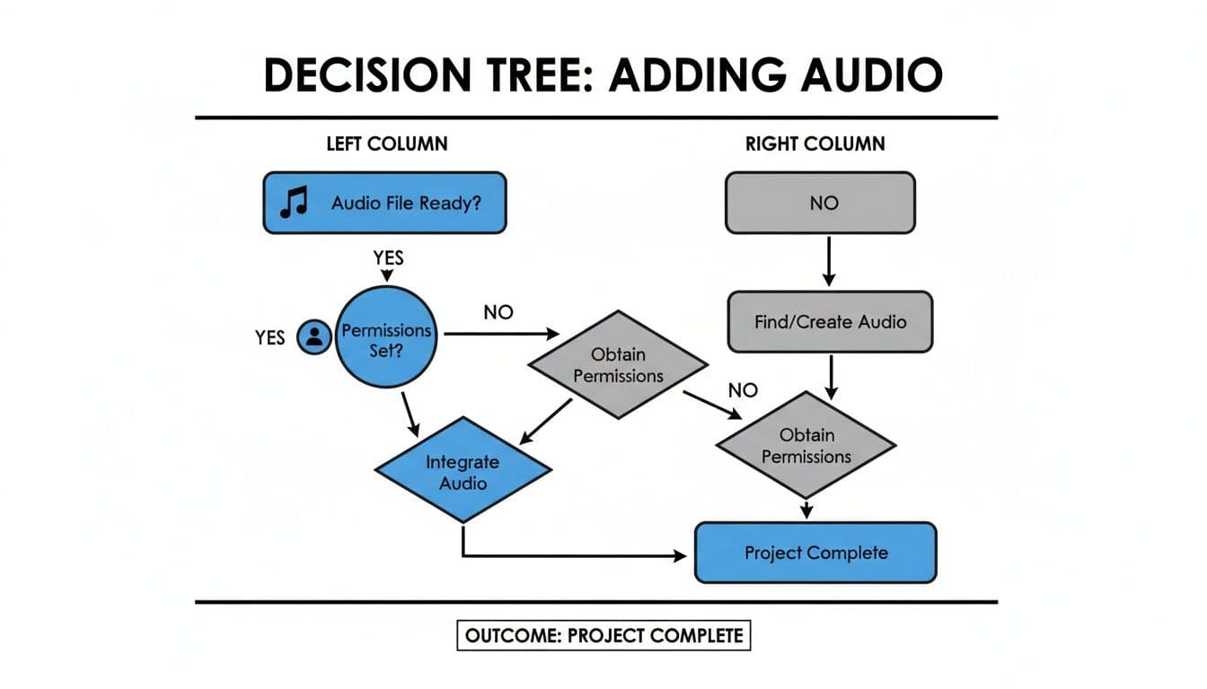 Diagrama d'arbre de decisions que il·lustra els passos per afegir àudio a un projecte, cobrint permisos i integració.