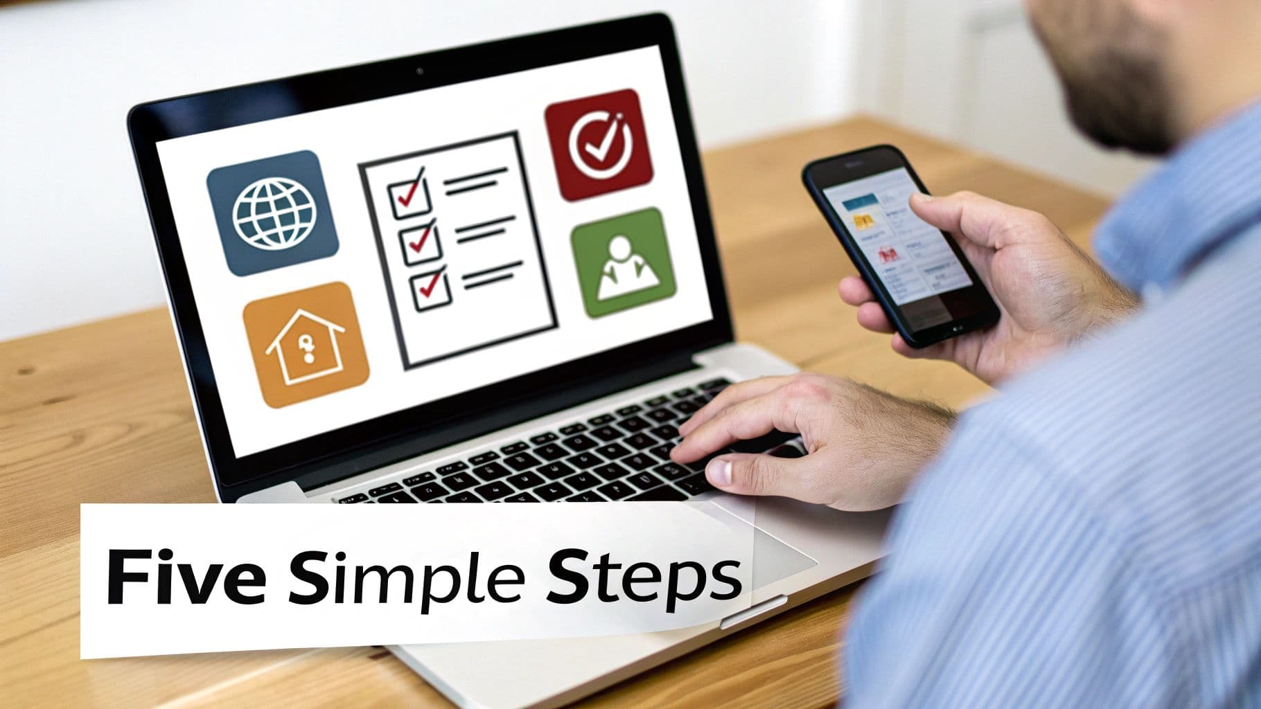 Man using a laptop and smartphone, laptop screen shows a digital checklist with icons.