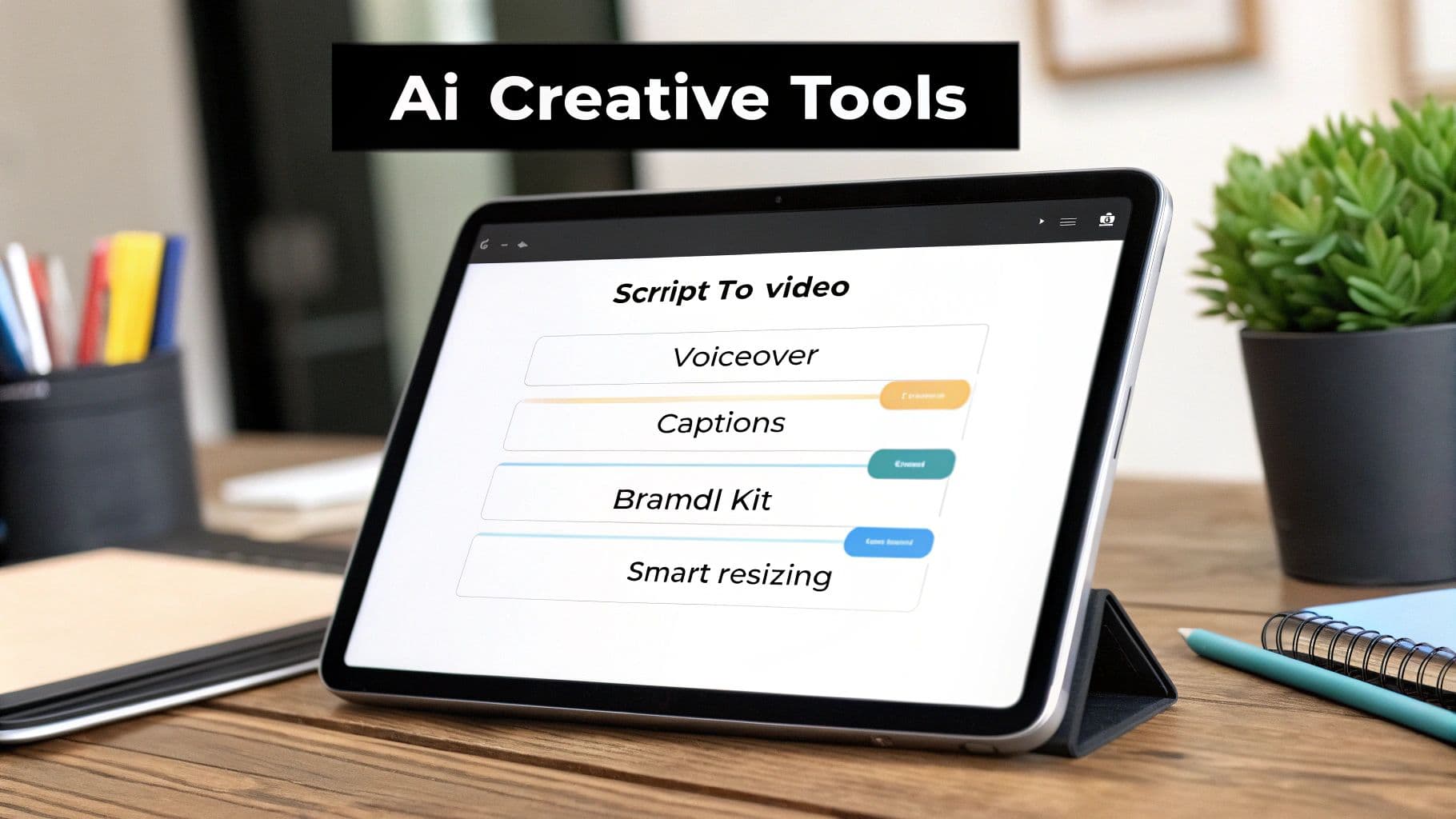 A tablet displaying an AI creative tools interface with options like script to video and voiceover.