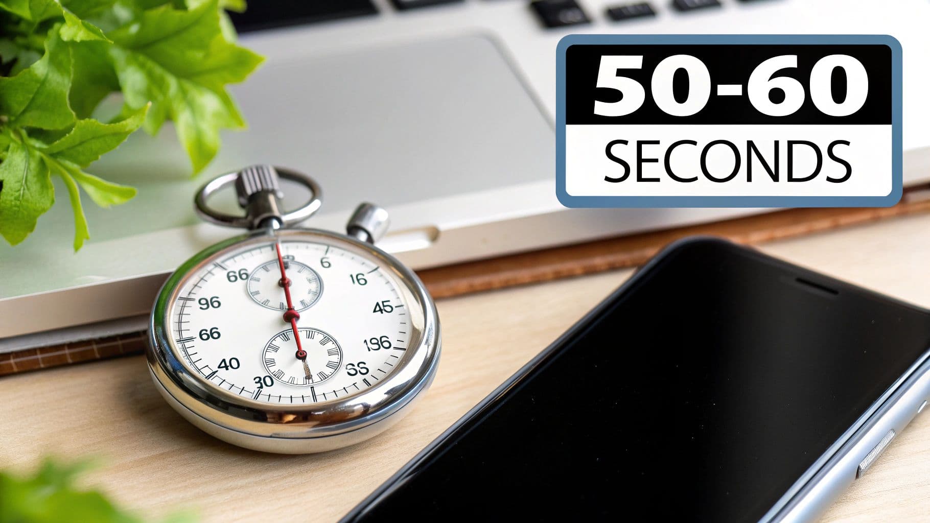 A stopwatch, smartphone, and laptop on a wooden desk, with text '50-60 SECONDS'.