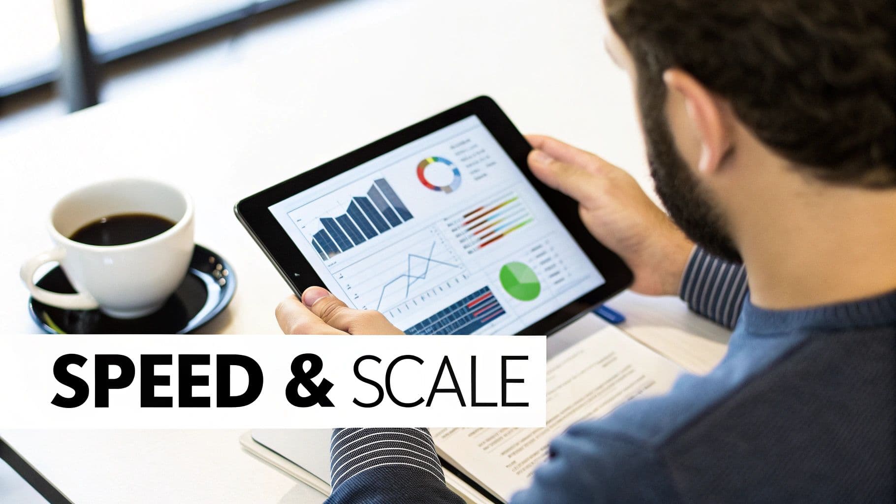 Business professional analyzing colorful data charts and graphs on tablet device for marketing analytics