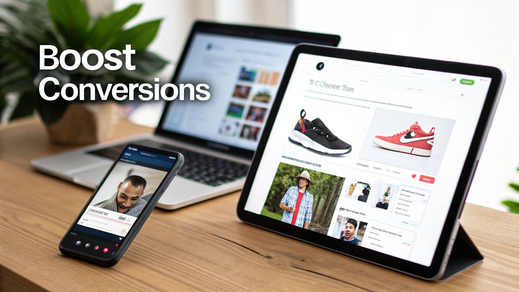 A laptop, tablet, and smartphone on a desk, displaying e-commerce content and a video call, with 'Boost Conversions' text.