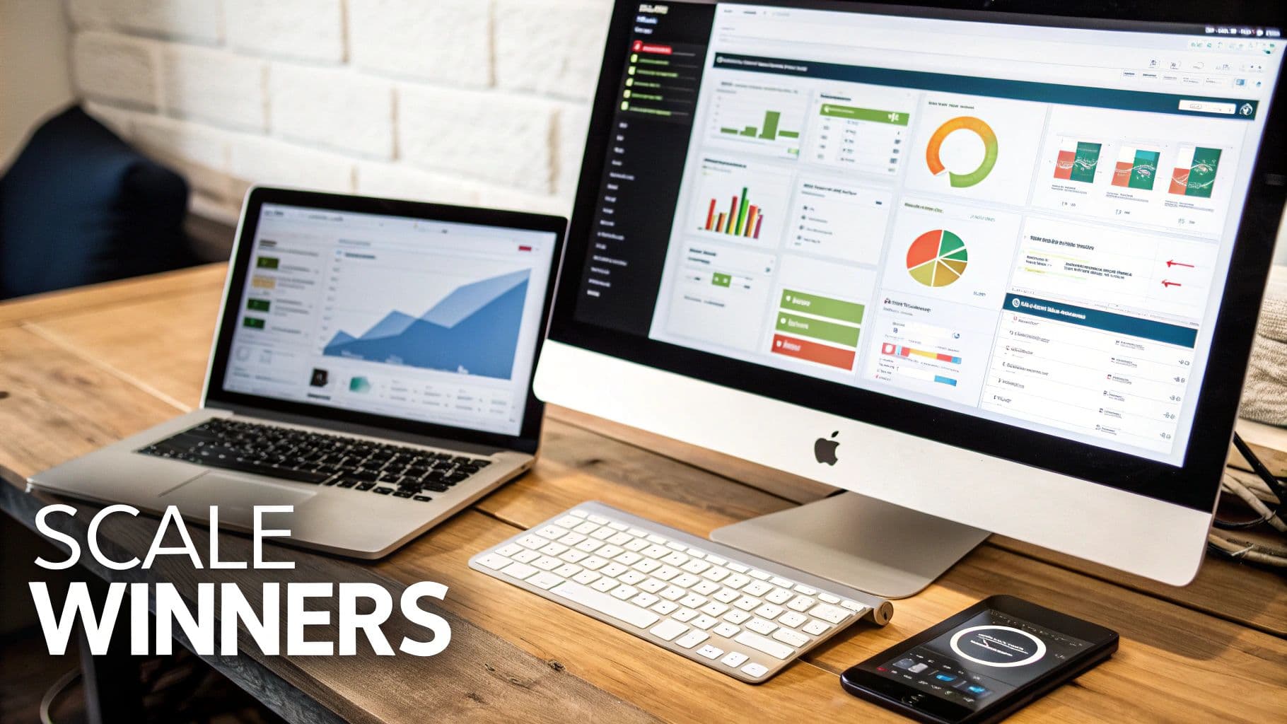 A modern workspace featuring a laptop, desktop monitor, and smartphone displaying business analytics dashboards.