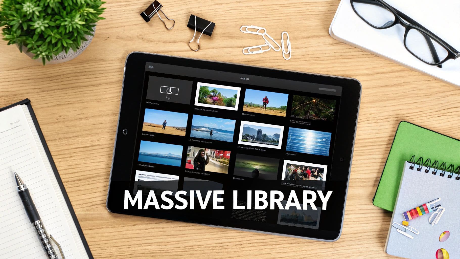 A flat lay of a wooden desk with a tablet displaying a massive library of images.