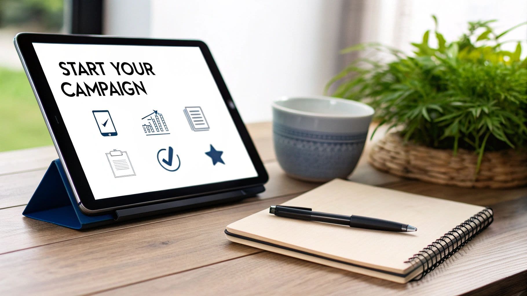 Tablet displays 'START YOUR CAMPAIGN' with marketing icons, a notebook, pen, and plant on a wooden desk.