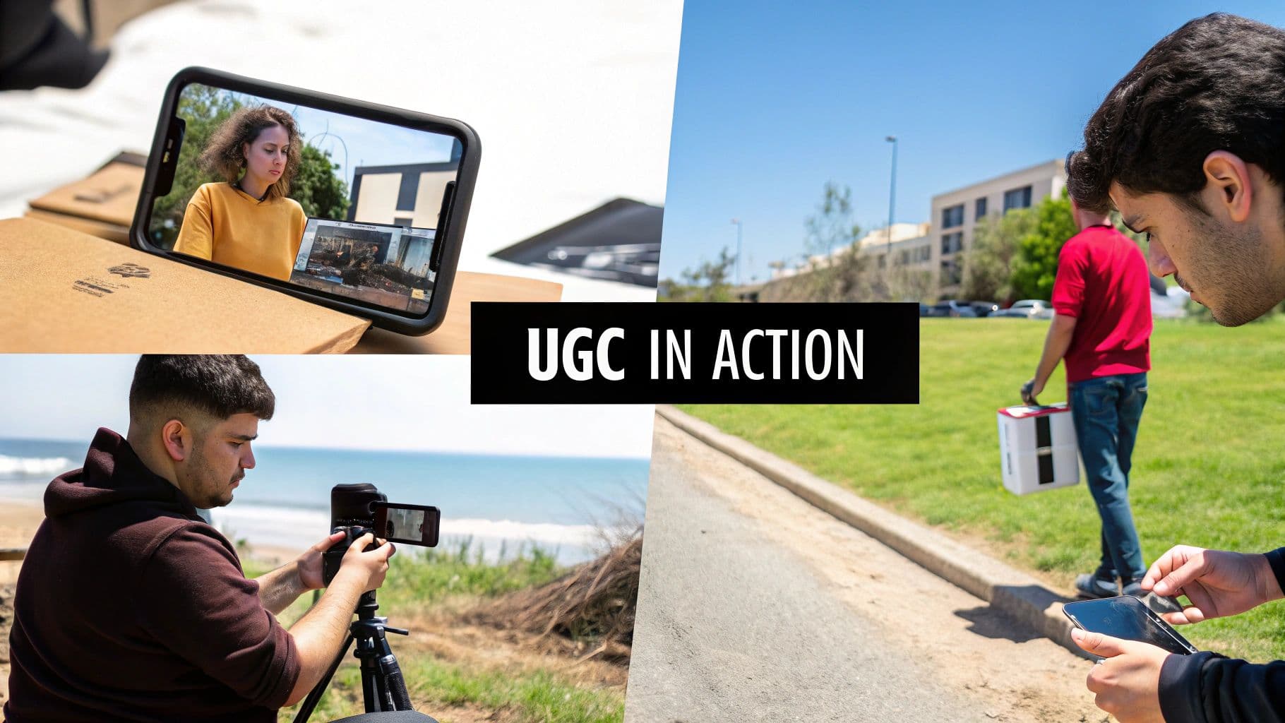 A collage depicting various individuals actively creating user-generated content using phones and cameras.