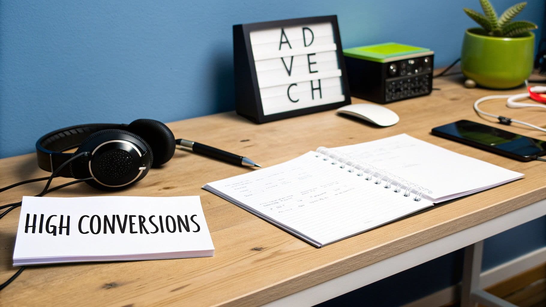 An organized office desk featuring headphones, a notebook, and 'HIGH CONVERSIONS' text for marketing success.