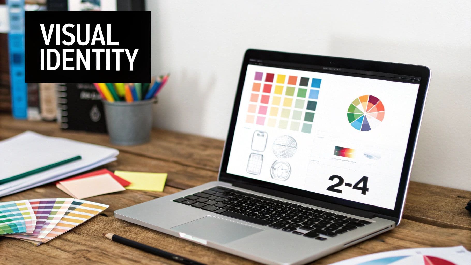 A laptop on a wooden desk displaying visual identity design elements, color palettes, and a color wheel.