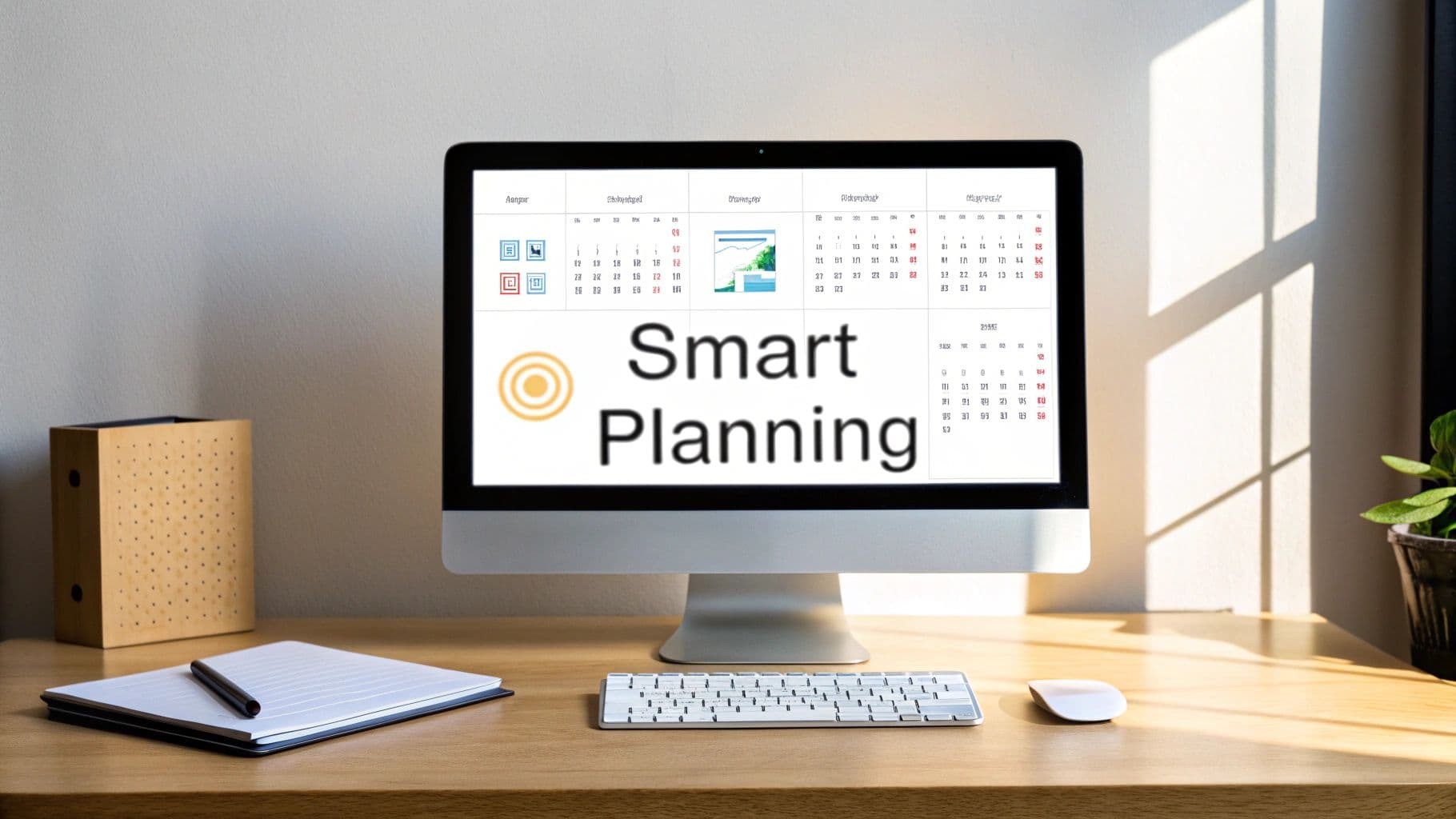 Computer monitor displaying smart planning software with calendars and charts on modern desk workspace
