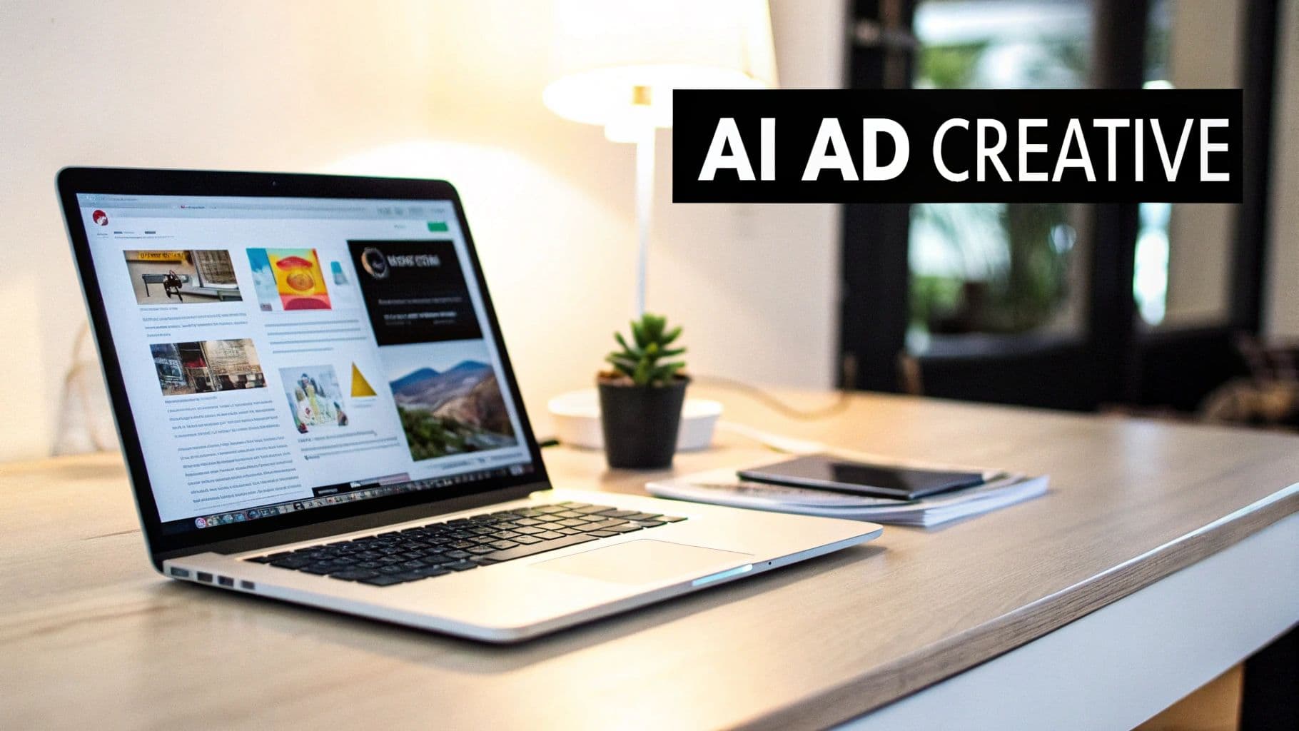En laptop på et træbord, der viser en hjemmeside, ved siden af en lampe og en plante, med "AI AD CREATIVE" tekstoverlejring.