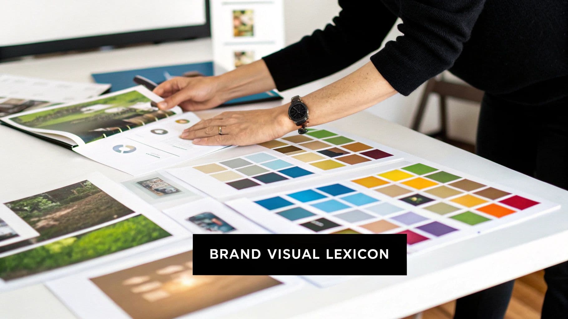 En person gennemgår en designmappe med diagrammer, billeder og farvepaletter på et hvidt bord.