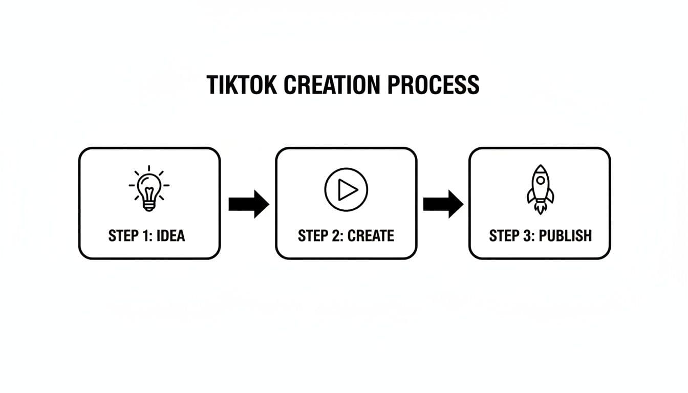 A three-step infographic illustrating the TikTok creation process: idea, create, and publish.
