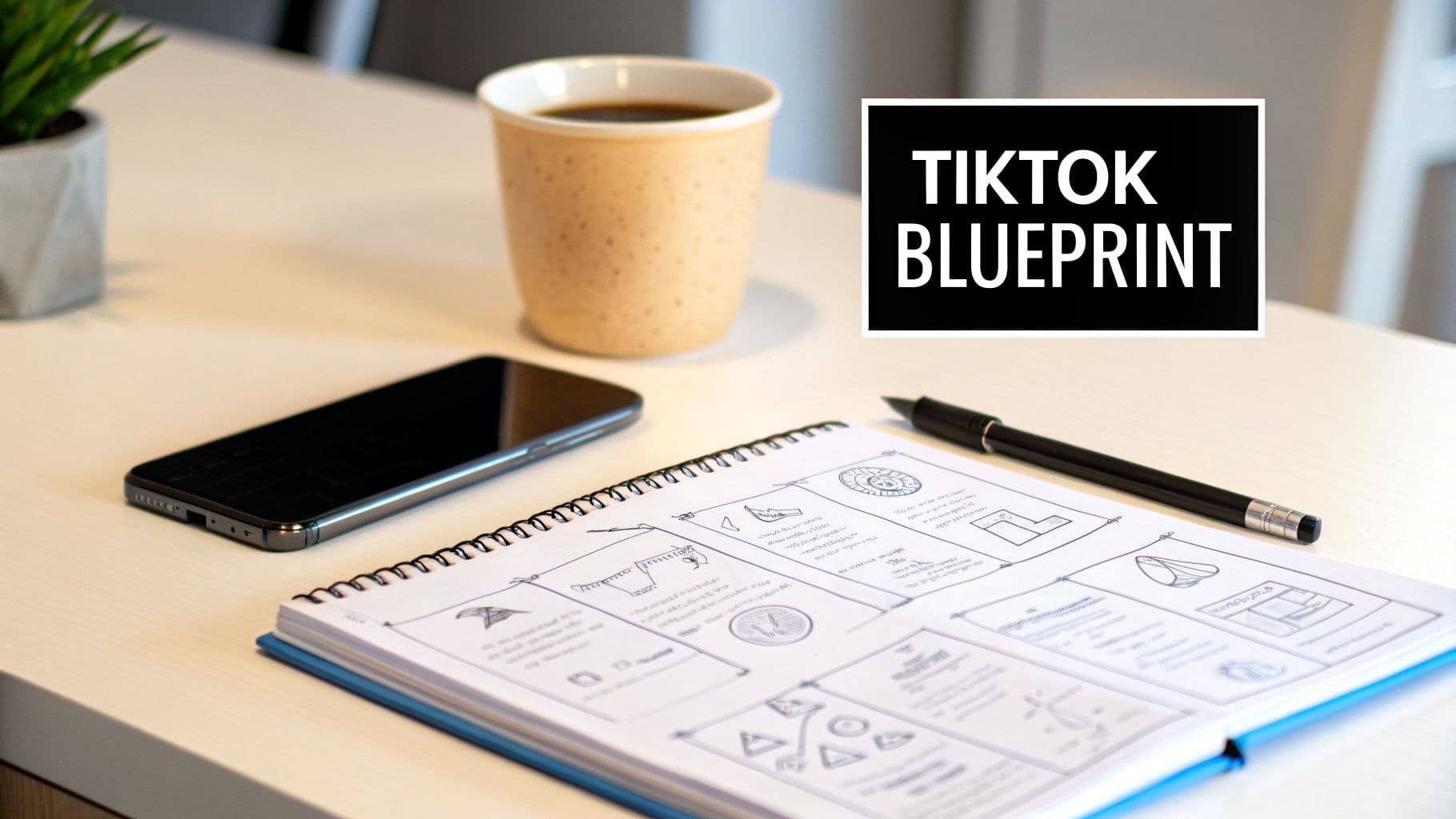 Una scrivania con smartphone, tazza di caffè, quaderno aperto che mostra una blueprint TikTok e una penna.