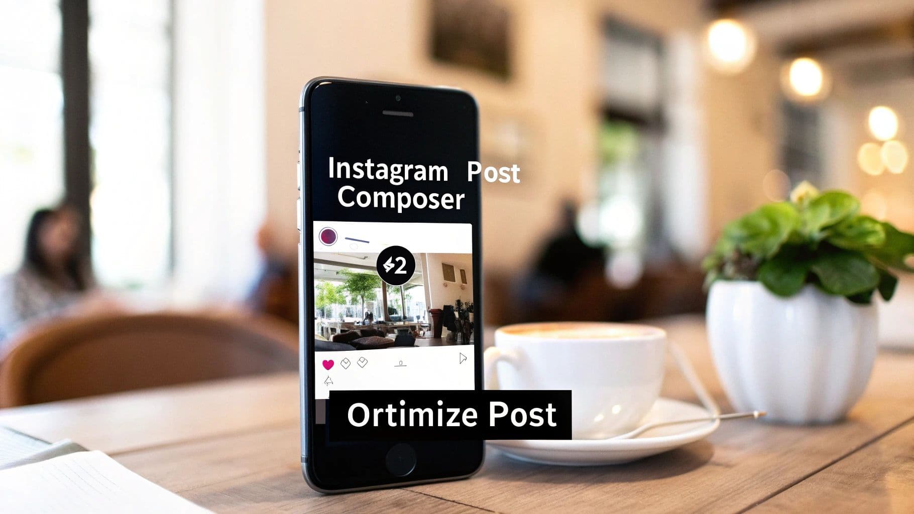 Smartphone som visar Instagram-inläggskompositör och 'Optimera inlägg'-text, på ett kafébord med kaffe och växt.
