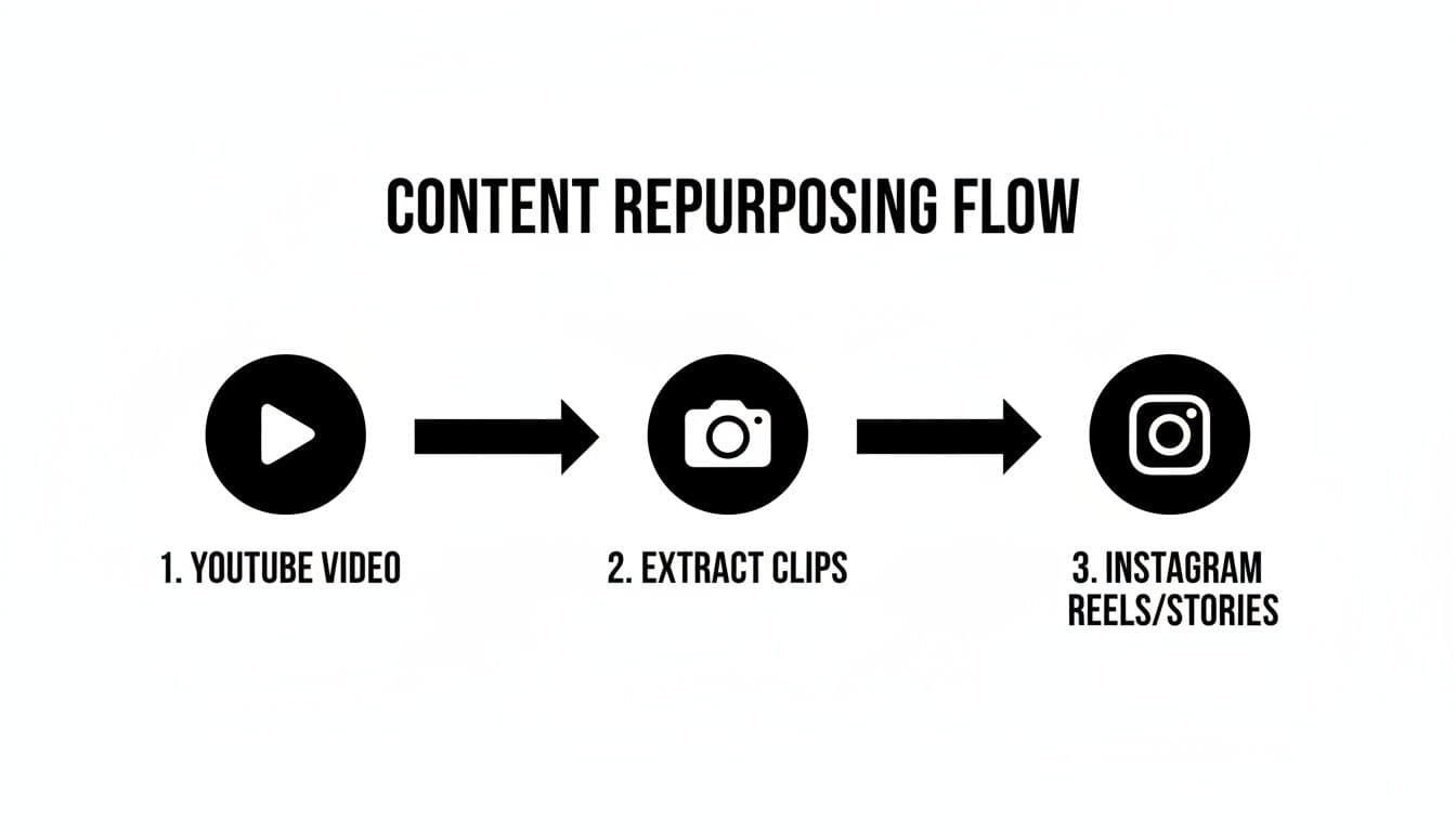 Flödesschema som illustrerar processen för innehållsåteranvändning från YouTube-videor till Instagram Reels och Stories.