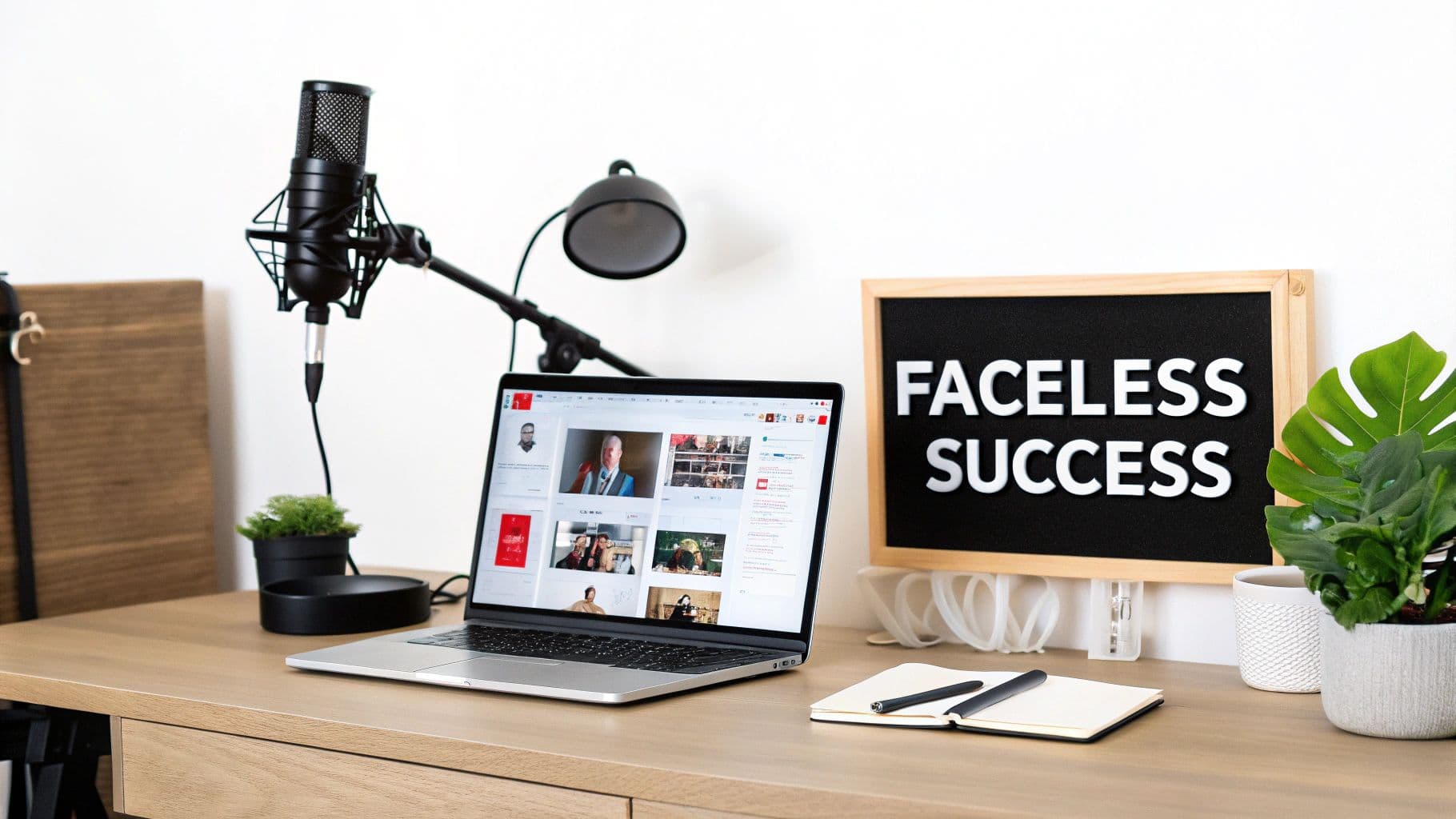 A professional desk setup featuring a laptop displaying video content, a microphone, and a 'Faceless Success' sign.