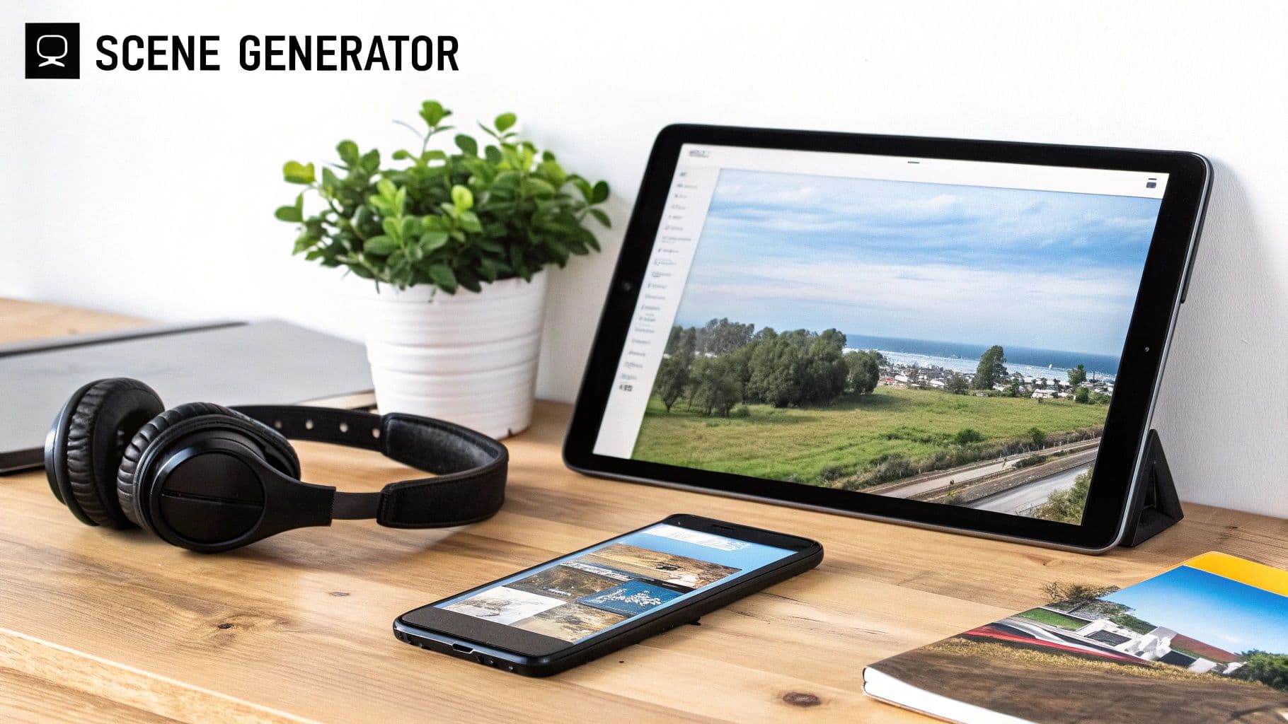 A modern workspace setup with a tablet, smartphone, headphones, and a plant on a wooden desk.