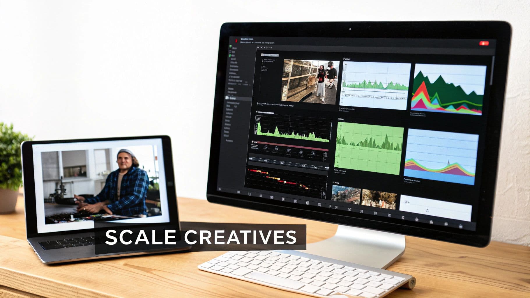 إعداد مكتب بشاشتين مزدوجتين يعرض برمجيات تحرير فيديو ولوحات تحليلات بيانات.