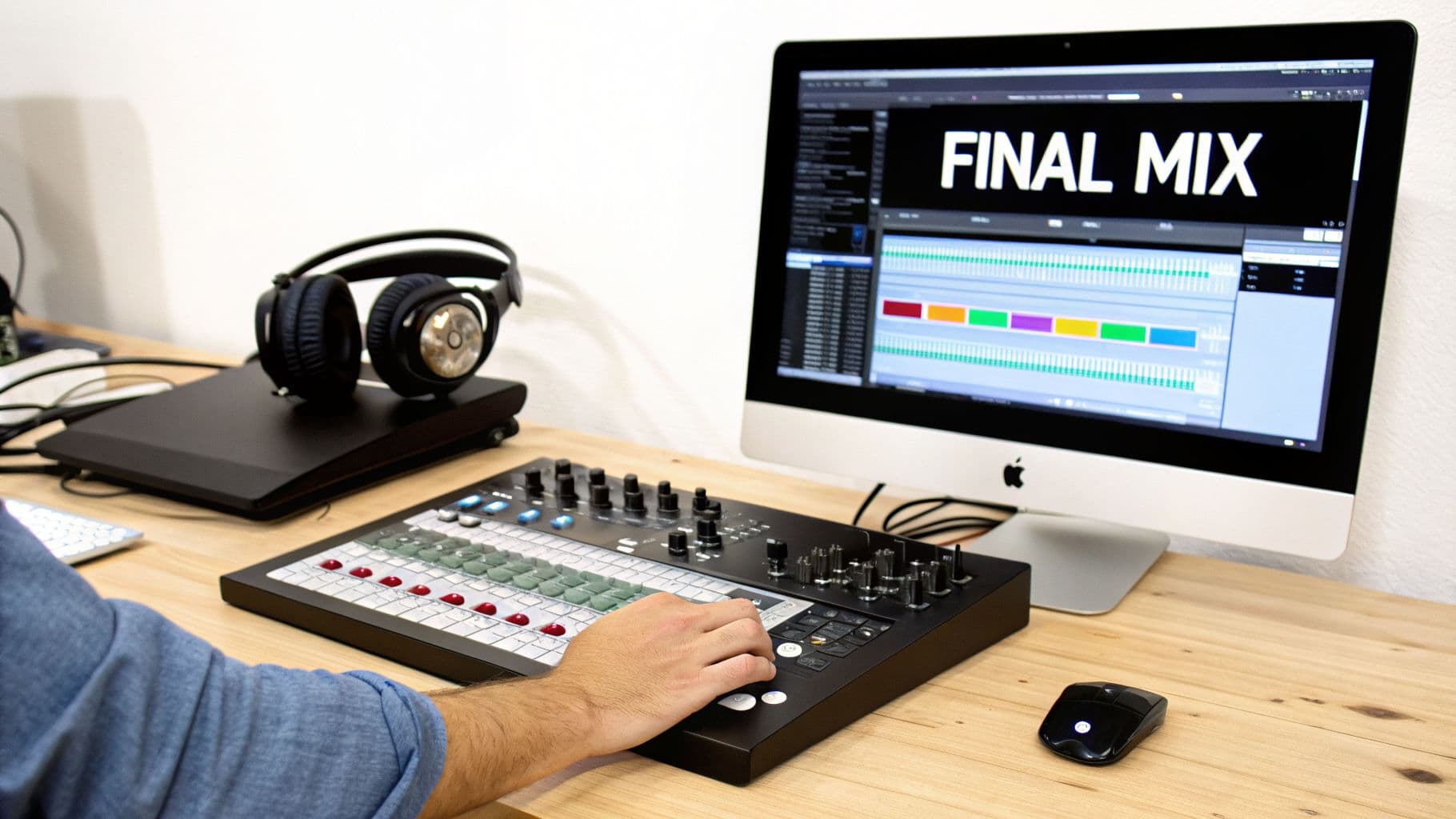 A person's hand operates an audio mixer at a professional music production workstation with an iMac displaying 'FINAL MIX'.