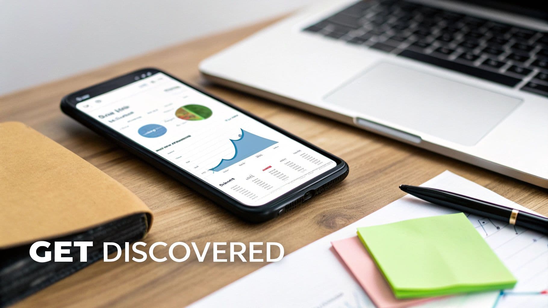 A smartphone displaying analytics graphs on a wooden desk with a laptop, notebook, and sticky notes.