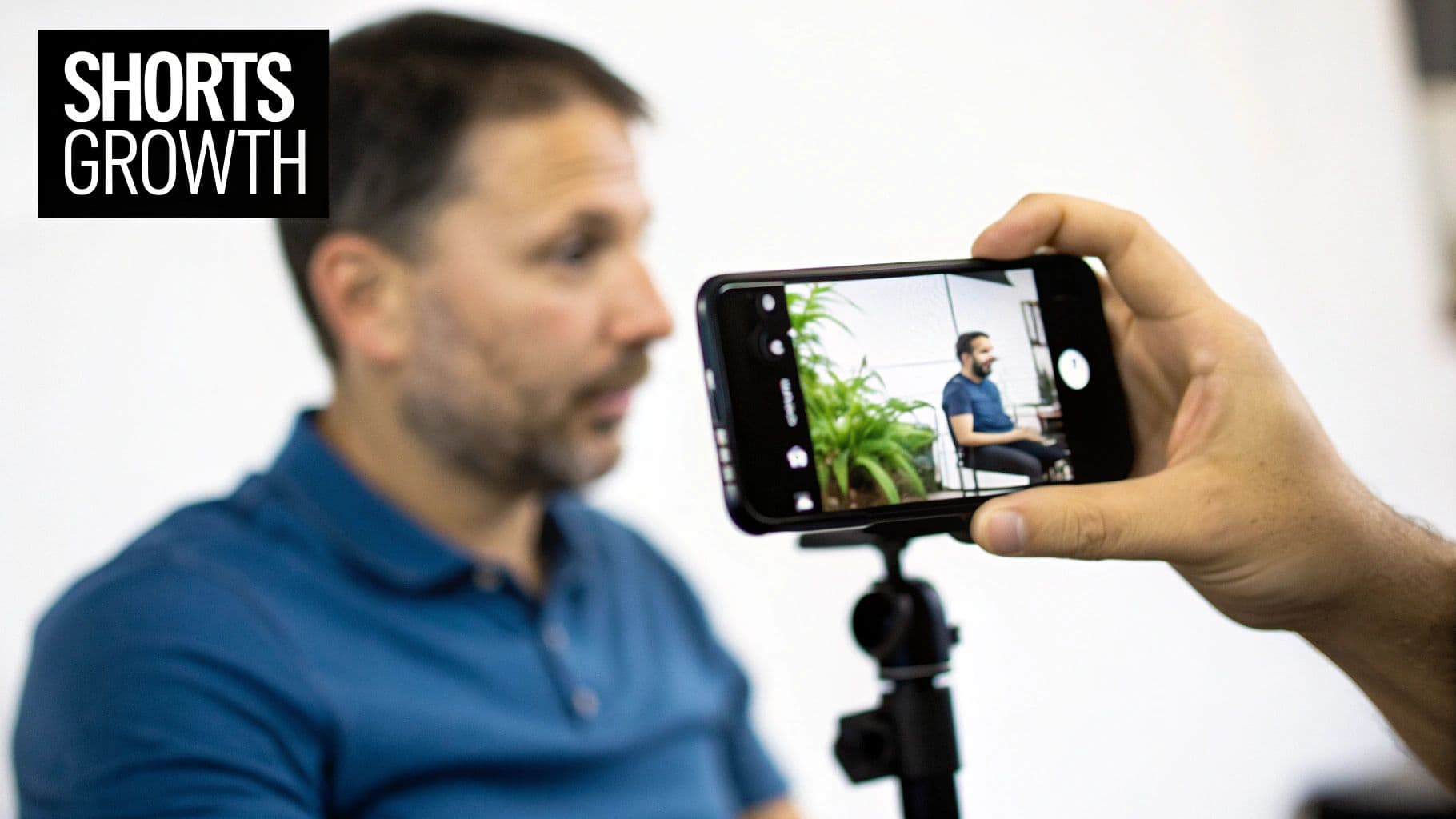 A blurred man watches as a hand records another man on a smartphone for 'Shorts Growth'.