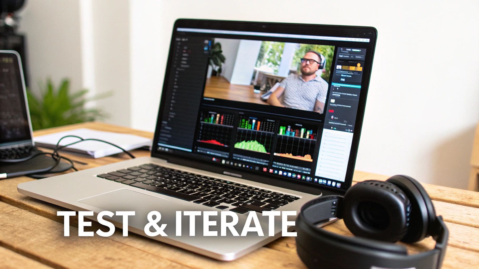 Un laptop su una scrivania di legno che mostra software di video editing con un uomo e grafici audio.