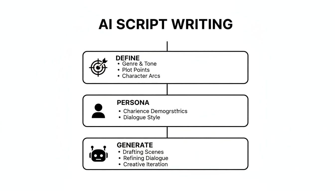 Flowchart che illustra il processo di scrittura script AI con passi per definire, persona e generare contenuti.