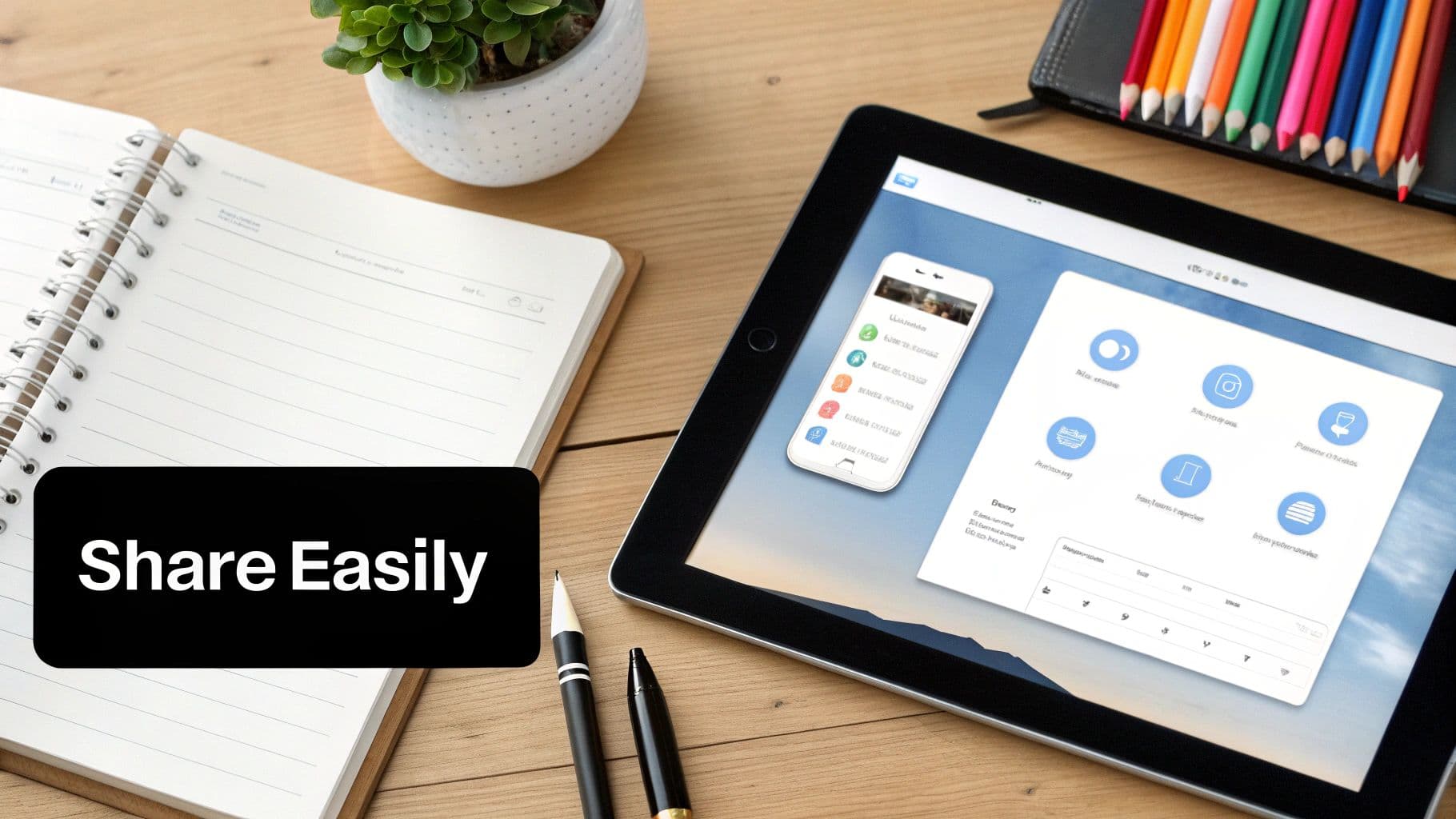 A tablet displaying sharing options next to a notebook, pens, a plant, and colored pencils on a wooden desk.