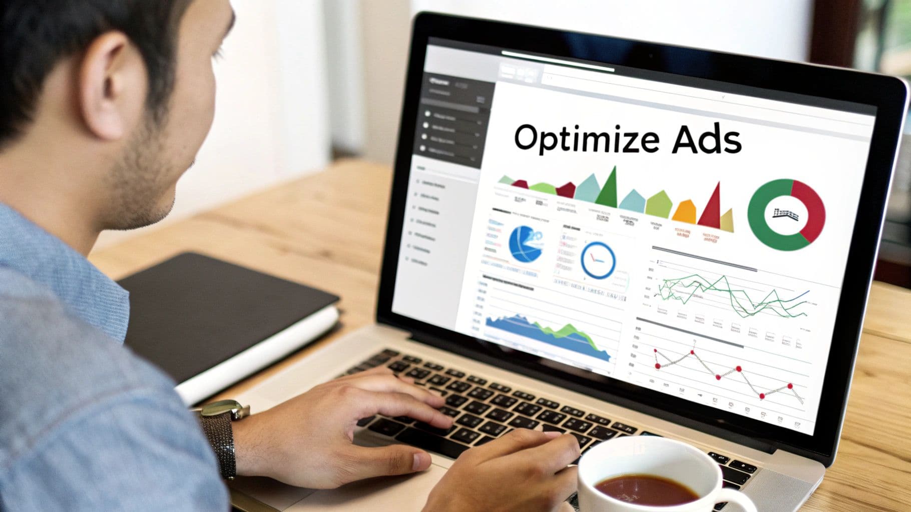 Home visualitzant una pantalla d'ordinador que mostra un dashboard d''Optimize Ads' amb diversos gràfics i taules.