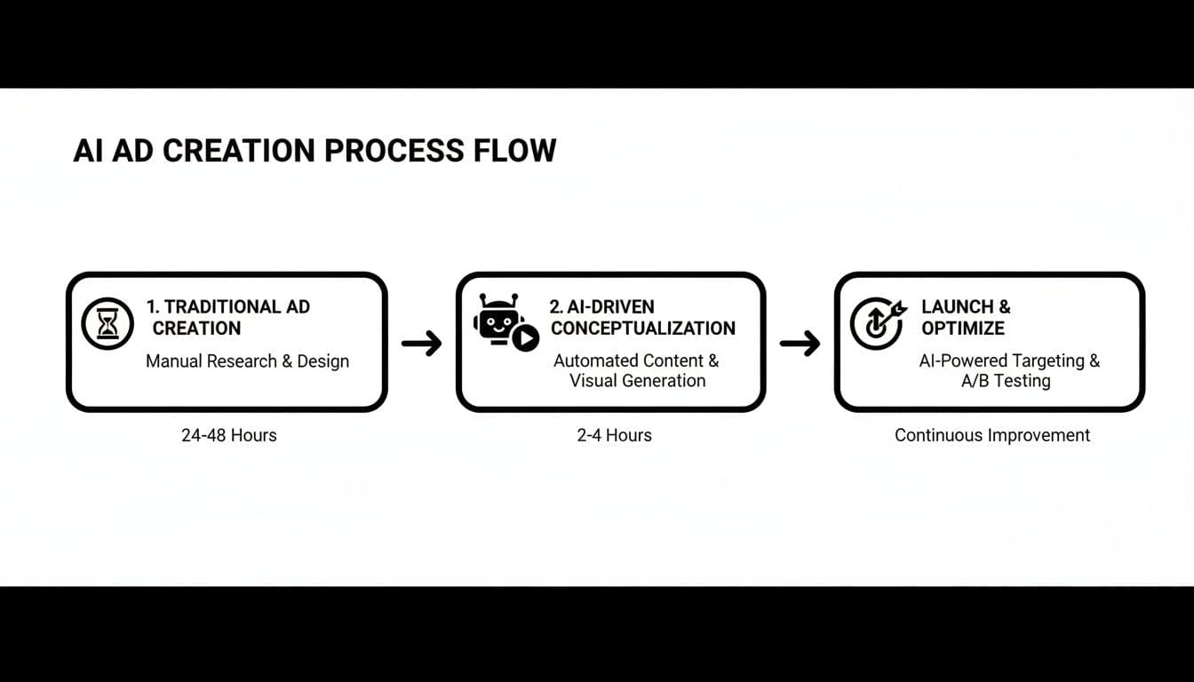 Diagrama de flux que il·lustra el procés de creació d'anuncis amb IA, contrastant mètodes manuals tradicionals amb conceptualització i optimització impulsades per IA.