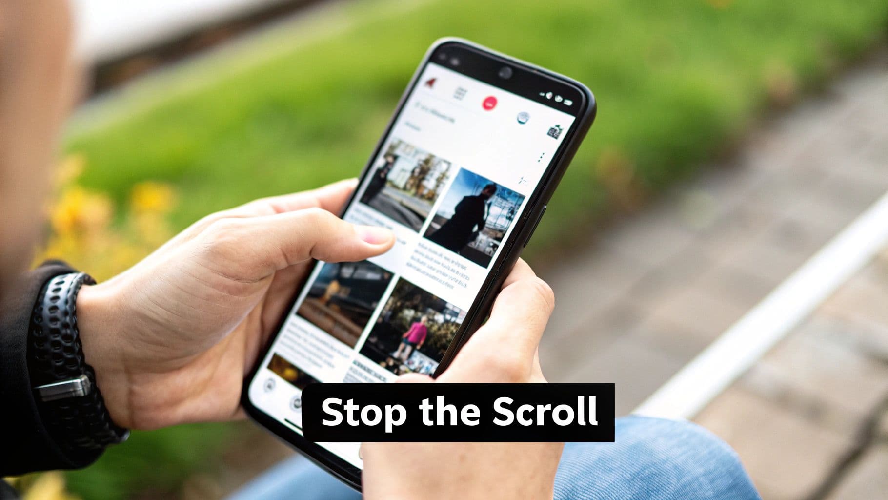 يد شخص يمسك بهاتف ذكي، يمرر عبر تغذية محتوى مع نص 'Stop the Scroll'.