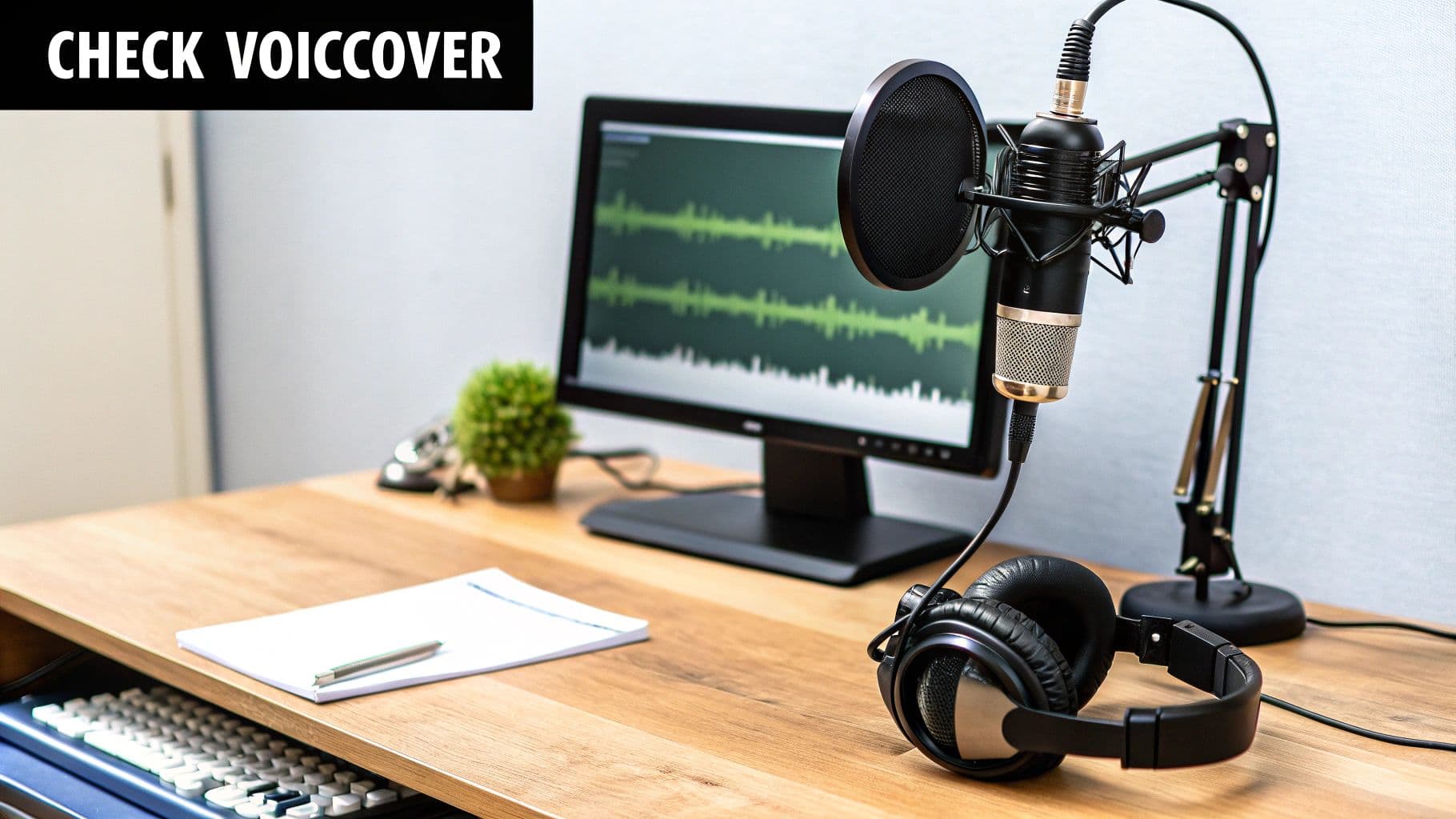 إعداد تسجيل صوت احترافي مع ميكروفون، سماعات، وشاشة تعرض موجات صوتية على مكتب خشبي.