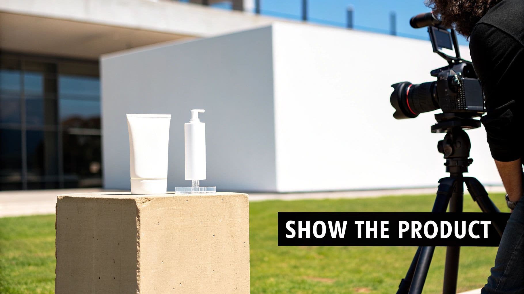 شخص يصور زجرتي كوزمتيك بيضاوين على كتلة خرسانية في الهواء الطلق، مع مبنى حديث في الخلفية.