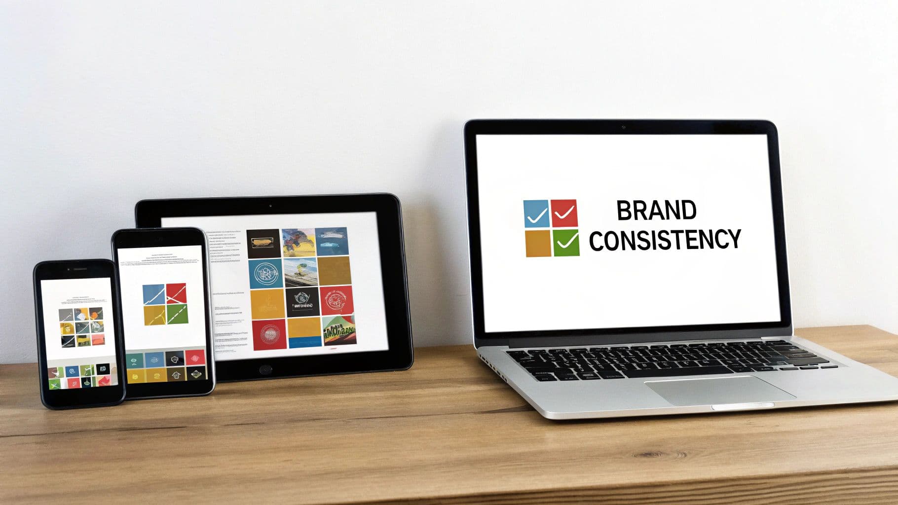 جهاز كمبيوتر محمول وتابلت وهواتف ذكية تعرض صوراً لاتساق العلامة التجارية وشبكات التصميم على طاولة خشبية.