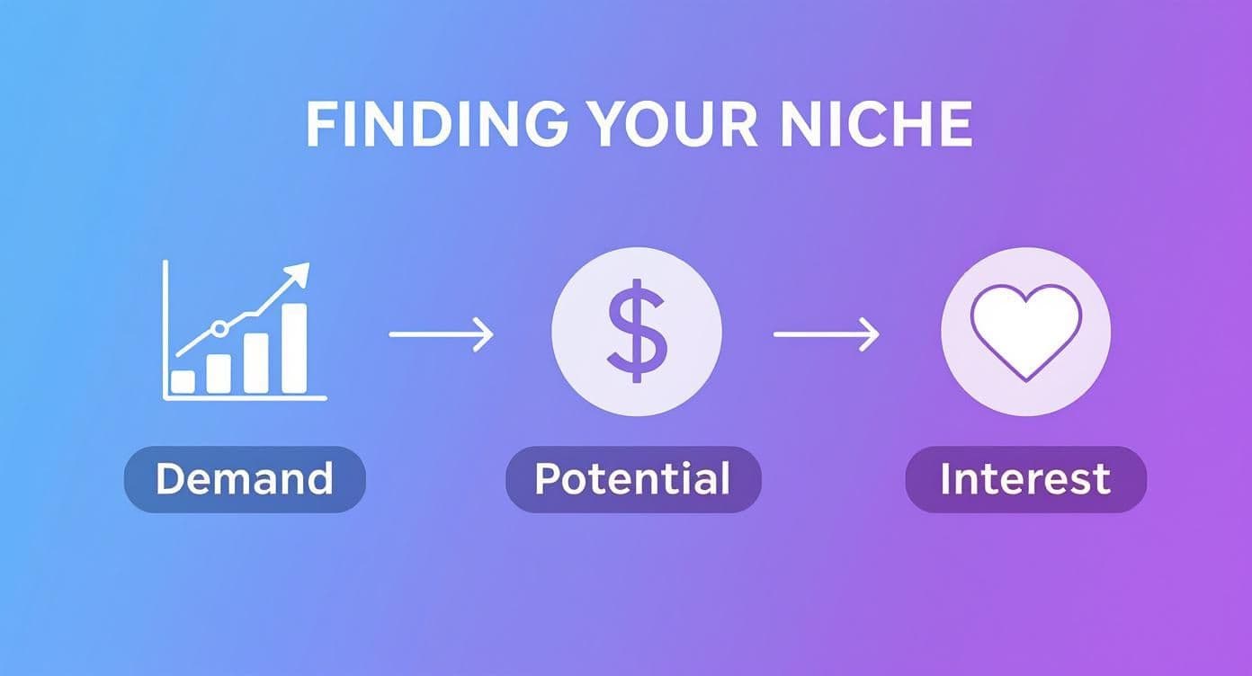 Infographic showing the process flow for finding a niche, with steps for Demand, Potential, and Interest.