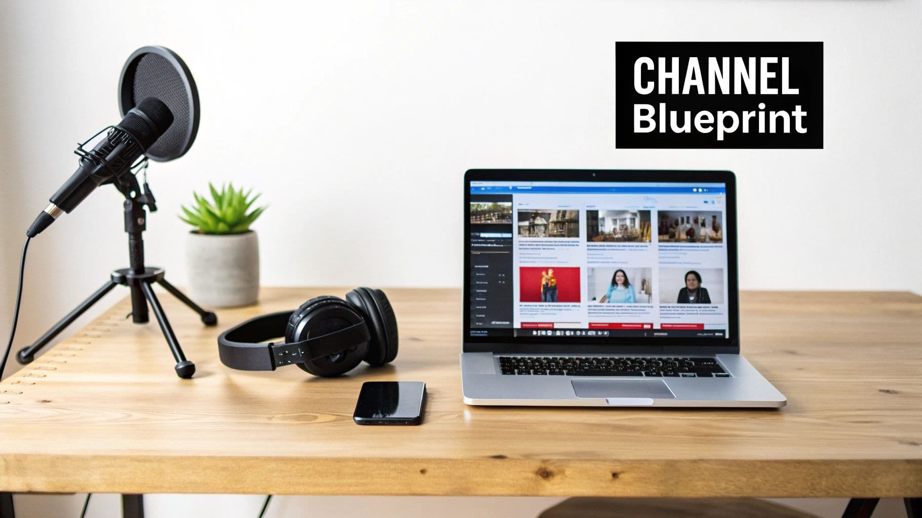 A person working on a laptop with abstract digital art in the background, representing the creative process of a faceless YouTube channel.