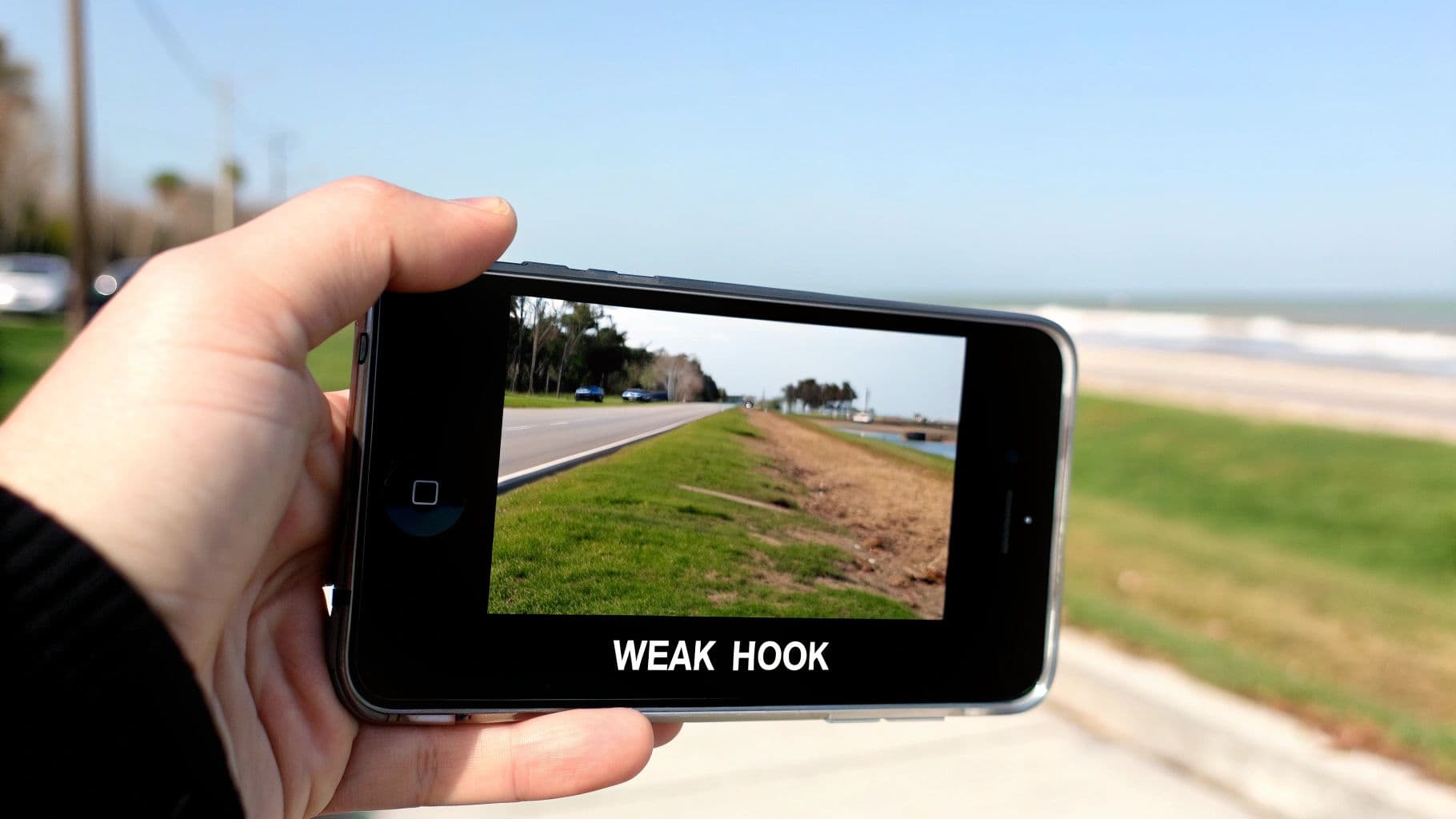 Một bàn tay cầm smartphone hiển thị cảnh đường phố với chữ "WEAK HOOK" trên màn hình, ngoài trời.