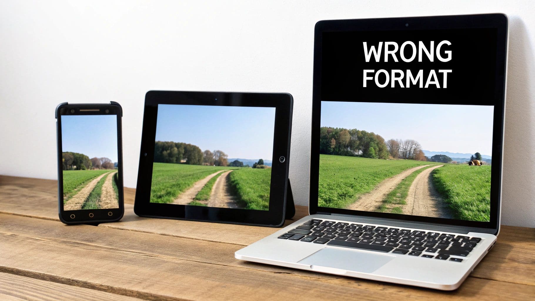 Một smartphone, tablet và laptop hiển thị hình ảnh phong cảnh, với màn hình laptop hiển thị 'WRONG FORMAT'.