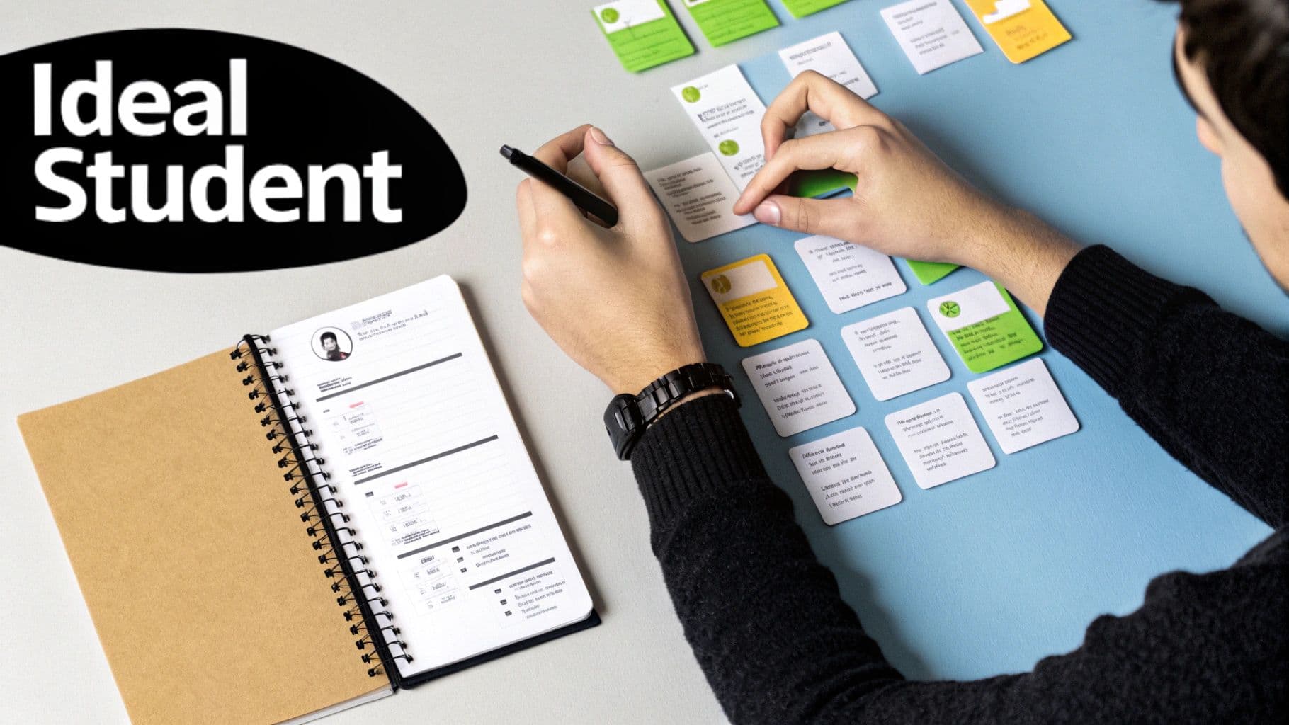 A person's hands sorting educational cards on a blue table next to a notebook with 'Ideal Student' text.