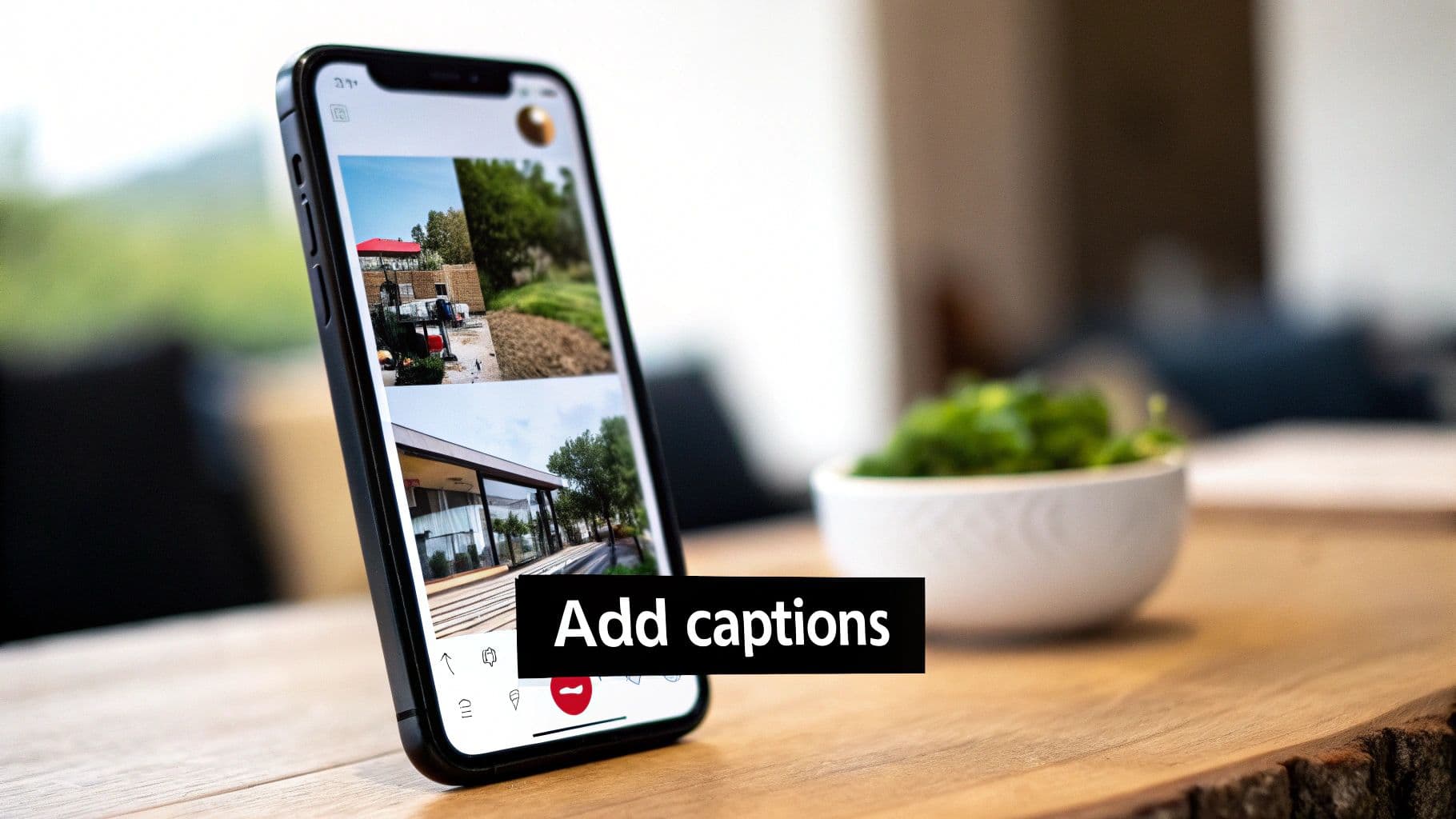 A smartphone on a wooden table displaying a photo gallery with an 'Add captions' text overlay.