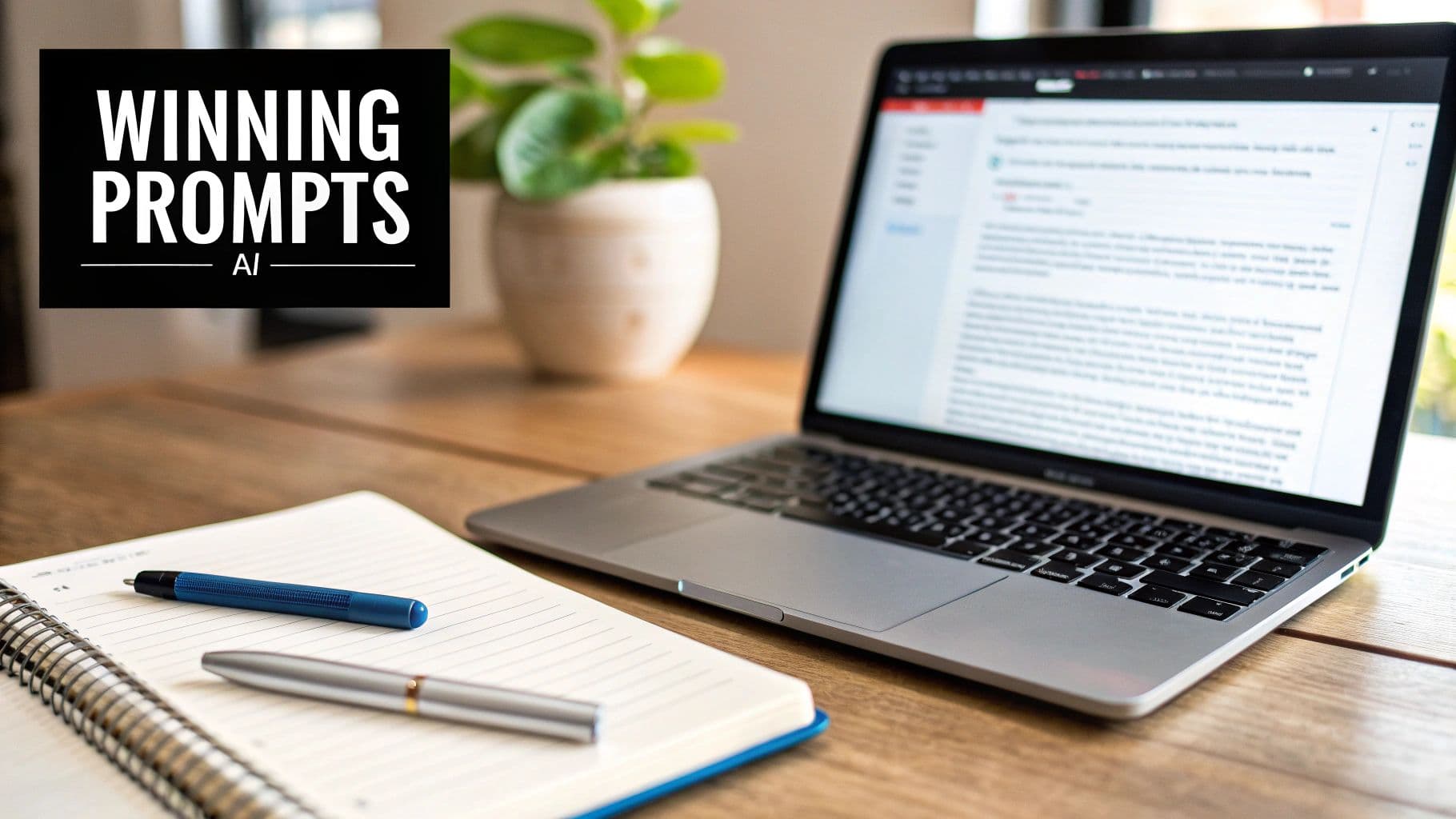 A laptop, notebook, and pens on a wooden desk with a 'Winning Prompts AI' sign.