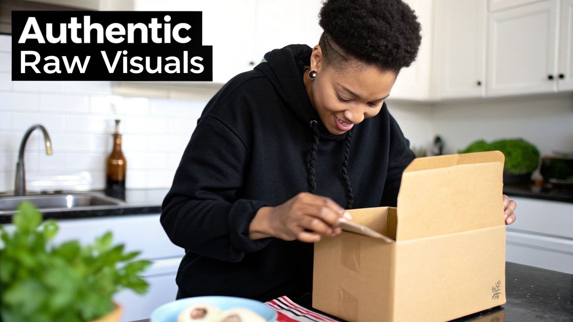 A smiling person in a black hoodie happily unboxing a brown cardboard package in a kitchen.