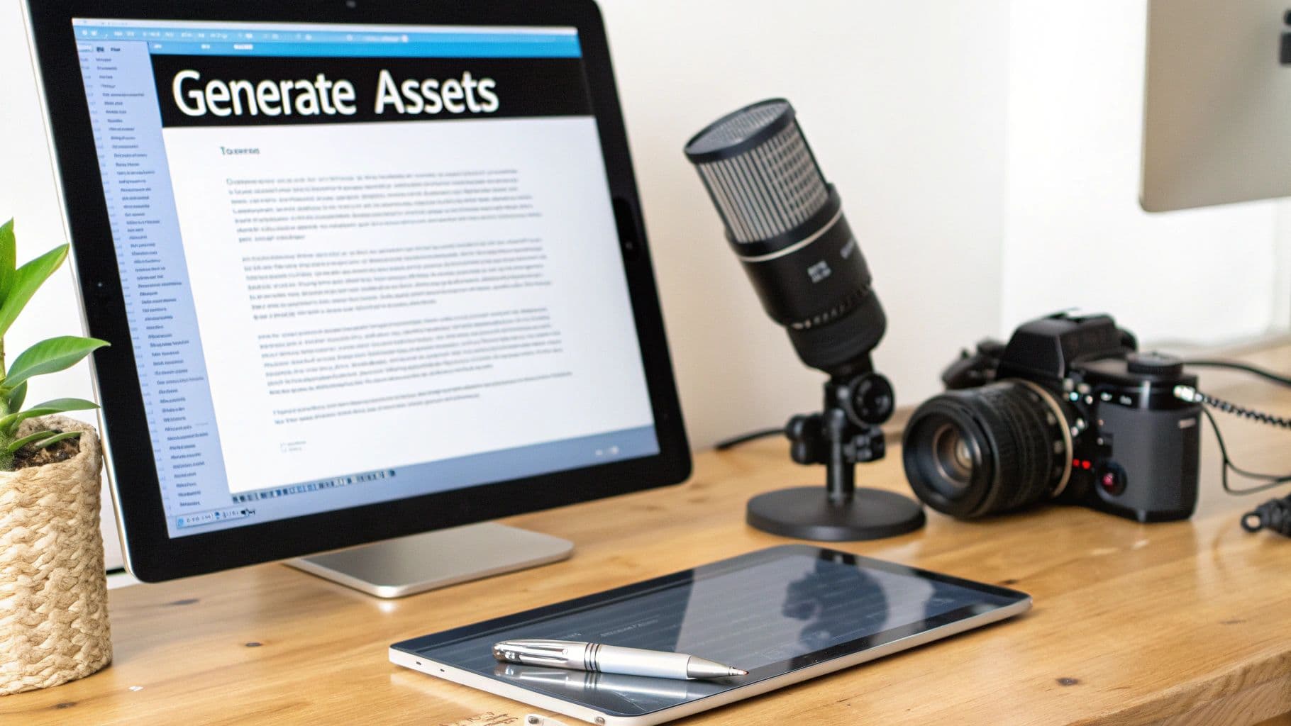A modern desk setup with a monitor displaying 'Generate Assets', a microphone, camera, tablet, and pen.