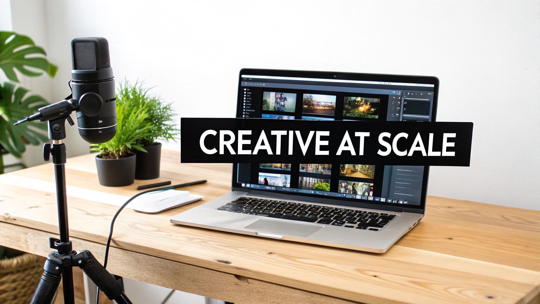 A creative workspace with a laptop displaying video editing software, a microphone, and green plants.